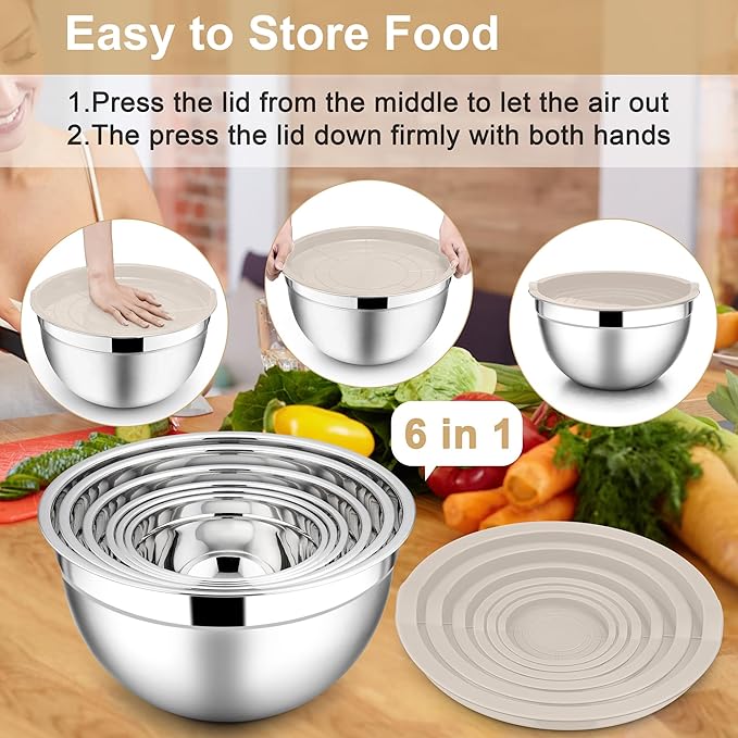 E-far Mixing Bowls with Lids, 12-Piece Stainless Steel Salad Bowls Metal Nesting Bowls for Baking Cooking and Prepping, Airtight Lids & Stackable Design, Size 7, 4.5, 3, 1.5, 1.2, 0.7 QT (Khaki)