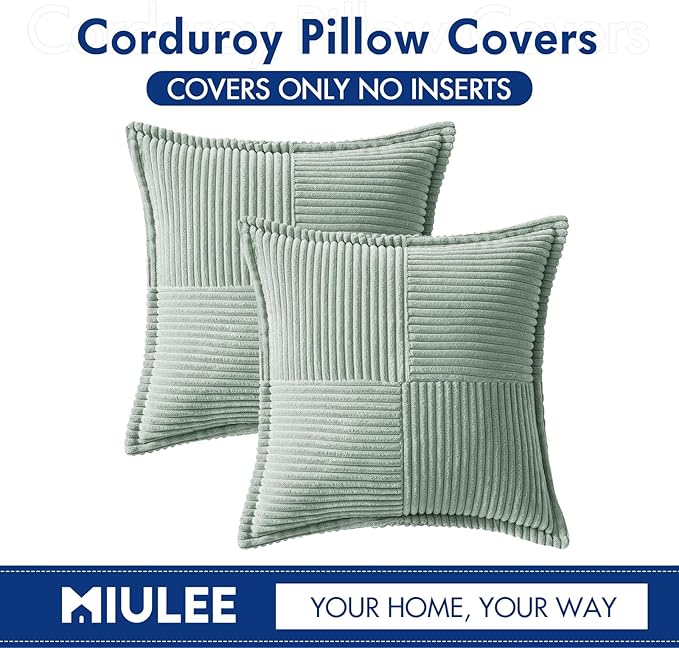 MIULEE Greyish Green Corduroy Decorative Euro Sham Pillow Covers 24x24 Inch with Splicing Set of 2 Soft Boho Pillow Covers Broadside Textured Summer Pillowcases for Couch Bed Livingroom