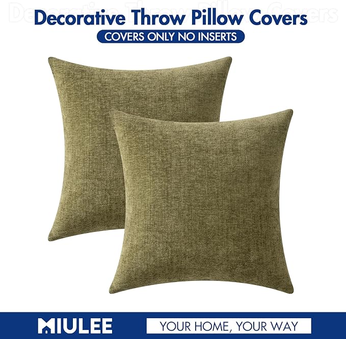 MIULEE Pack of 2 Couch Throw Pillow Covers 16x16 Inch Soft Olive Green Chenille Pillow Covers for Sofa Living Room Solid Dyed Pillow Cases
