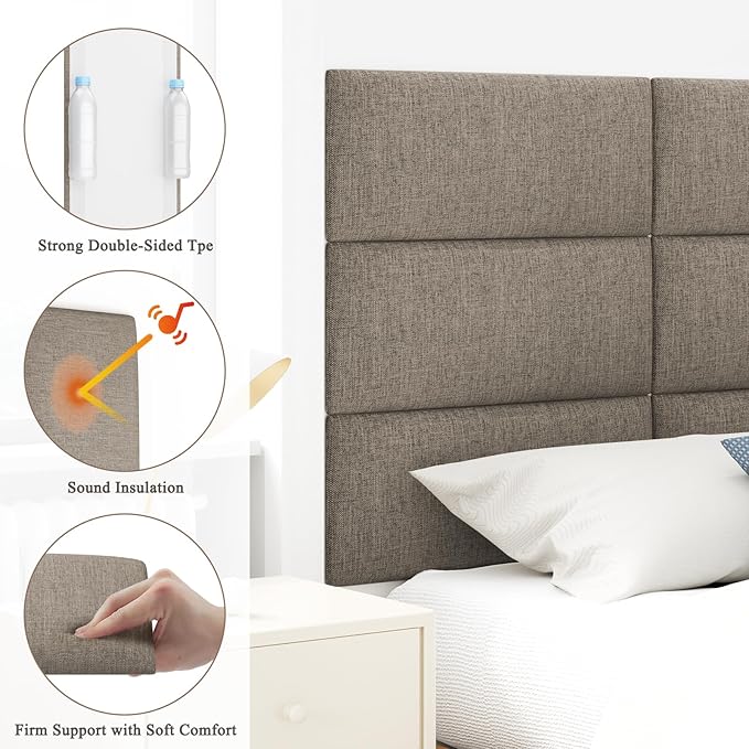 Upholstered Headboard for Full Twin Size Bed, Wall Mounted & Peel and Stick Headboard, Soundproof DIY Wall Panels, Fabric Tufted Head board in Modern Design for Bedroom (6 Panels, Each 23.62"x9.84")