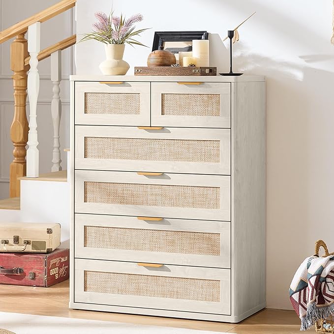 LEYAOYAO White Dresser for Bedroom, 41" Tall Chest of Drawers, Modern 6 Drawers Boho Rattan Dressers with Storage, Dresser Wooden Closet Organizer for Living Room, Hallway