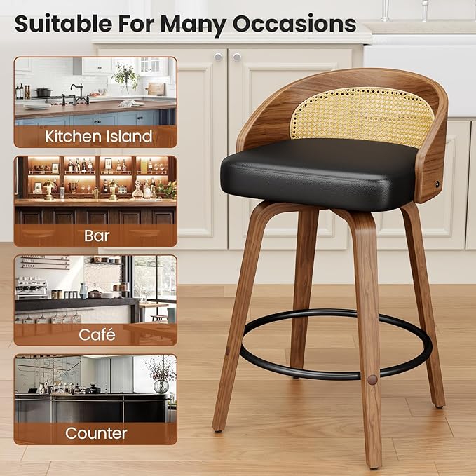 Rattan Bar Stools Set of 2, 26" Swivel Counter Height Bentwood Barstool, Mid-Century Modern PU Leather Upholstered Bar Chair with Back and Footrest, for Kitchen Island, Bar, Dining Room, Cafe