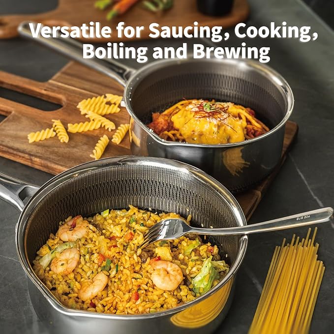 Hybrid Nonstick Saucepan Set of 2 with Lids 1.5 QT and 3 QT, Stainless Steel Honeycomb Pans with Side Pour Spouts,Compatible with All Cooktops,Dishwasher and Oven Safe
