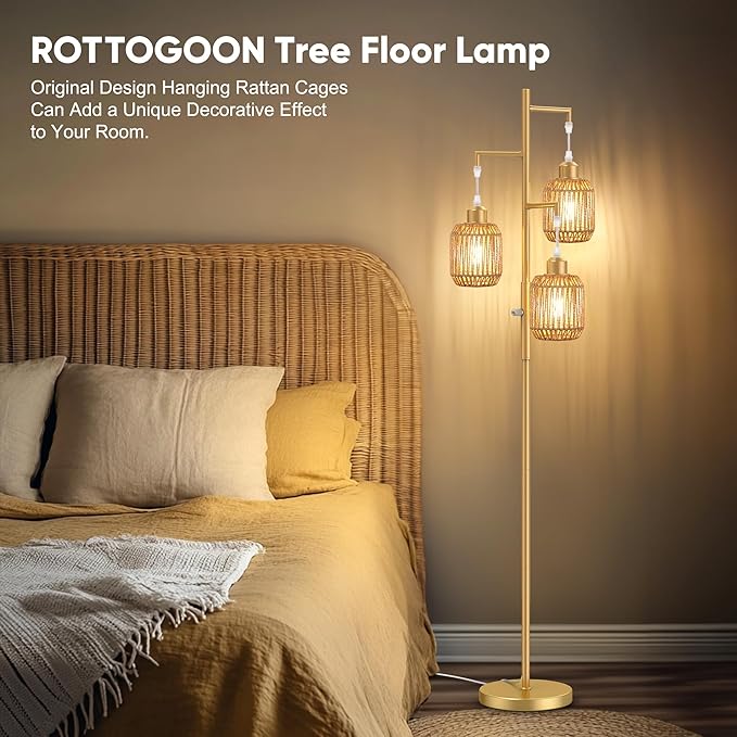 ROTTOGOON Dimmable Boho Floor Lamp - 3 Light Farmhouse Rattan Floor Lamp for Living Room, Industrial Tree Floor Lamps with 3 X 6W LED Bulbs, Rustic Standing Tall Lamp for Bedroom, 68", Gold
