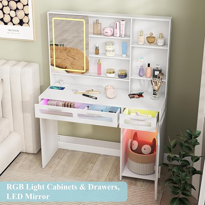Hadulcet Vanity Desk with Mirror and Lights, Makeup Vanity with Power Outlet, LED Vanity with RGB Drawers and Cabinet, 10 Shelves & Acrylic Door Cabinet, 3 Lighting Modes Adjustable Brightness, White