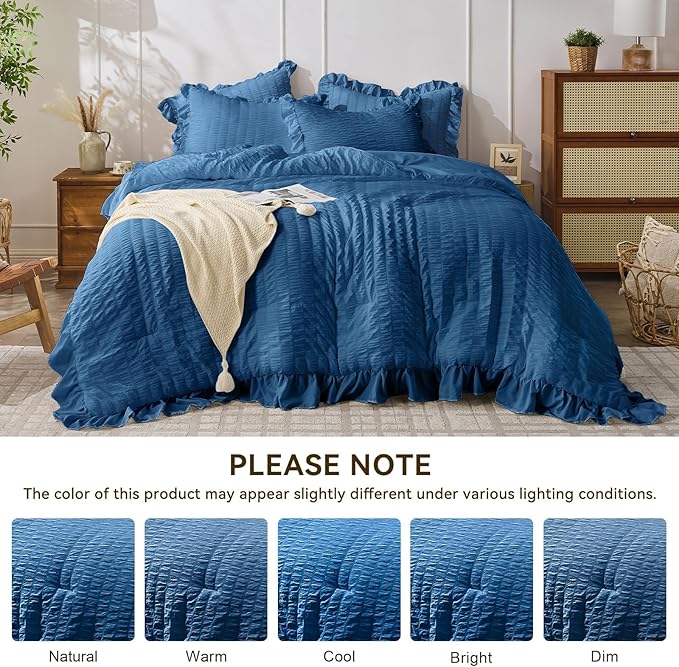 JOLLYVOGUE Teal Queen Comforter Set, 3 Pieces Seersucker Comforters Queen Size, Lightweight & Fluffy Bedding Sets Queen for All Season with 1 Ruffle Comforter and 2 Ruffle Pillowshams