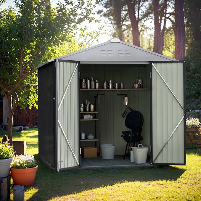 GUNJI 6 x 4 FT Shed Outdoor Storage Shed Metal Garden Shed with Lockable Door Outside Waterproof Tool Shed for Backyard, Patio, Lawn (Gray)