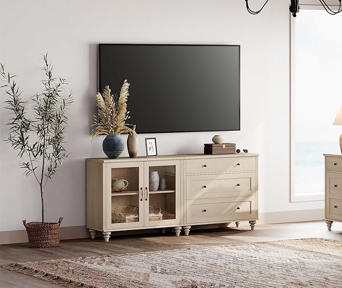 WAMPAT TV Stand for 75 Inch TV, Wood TV Cabinet Entertainment Center Television Stands for Living Room, 2-in-1 Sideboard Buffet Cabinet with Glass Door & Drawer for Kitchen, Light Oak