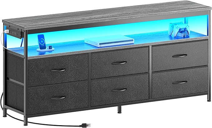 Huuger LED TV Stand for Bedroom, 55 Inch Fabric Dresser with Power Outlets, Entertainment Center for 60, 55, 50 Inch TV, 6 Drawer Dresser for Bedroom, Chest of Drawers with Shlef, PU Leather, Grey