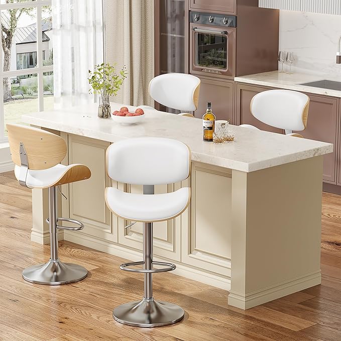 Bar Stools Modern PU Leather Adjustable Swivel Barstools, Kitchen Counter Bar Stool Island Barstool with Back Set of 2, Snow White