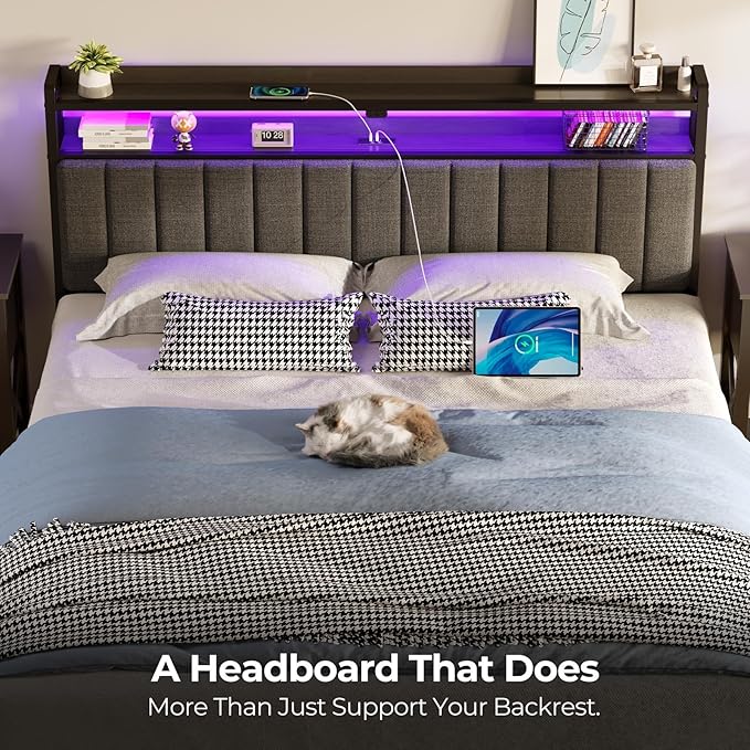 Rolanstar Headboard for King Size Bed with Storage, 60,000 DIY Color of LED Light, Head Board with USB & Type C Port, Height Adjustable, Black Upholstered Cabeceras de Cama Comfortable Modern, Linen