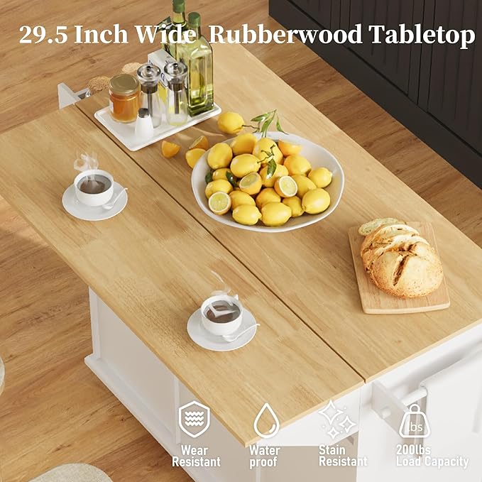 Rolling Kitchen Island Cart with Drop Leaf, Large Kitchen Island on Wheels with Storage and 2 Drawers, Mobile Island for Kitchen with Rubber Wood Countertop, Towel Rack (White, Large)