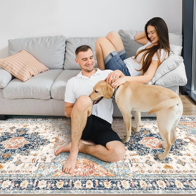 Tangsoo 2x5 Washable Runner Rug for Hallways, Non Slip Vintage Runner Rug, Soft Low Pile Long Print Distressed Blue/Orange for Kitchen Bedroom Entryway Bathroom Living Room