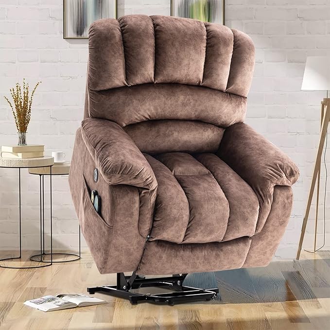 VIVIJASON Large Electric Power Lift Recliner Chair with Heat & Massage for Elderly People, Heavy Duty and Safety Motion Overstuffed Recliners with 2 Remote Controls, Side Pockets & USB Ports, Brown