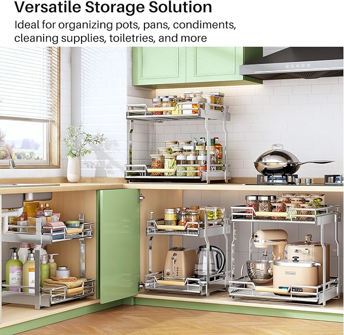 Kitstorack Pull out Cabinet Organizer, 2 Tier Heavy Duty Smooth Sliding Under Cabinet Shelves for Pots and Pans,Roll out Drawers with Thickened Chrome Plating(17" W X 21" D)