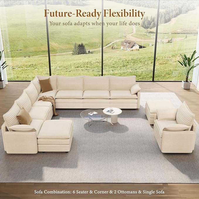 Vesgantti Large Modular Sectional Sofa, Big Comfy Cloud Couch with Ottoman Deep Seat Corduroy Cloud Sofa, 9 Seater Large Sectional Couches for Living Room, Bedroom and Apartment, Beige