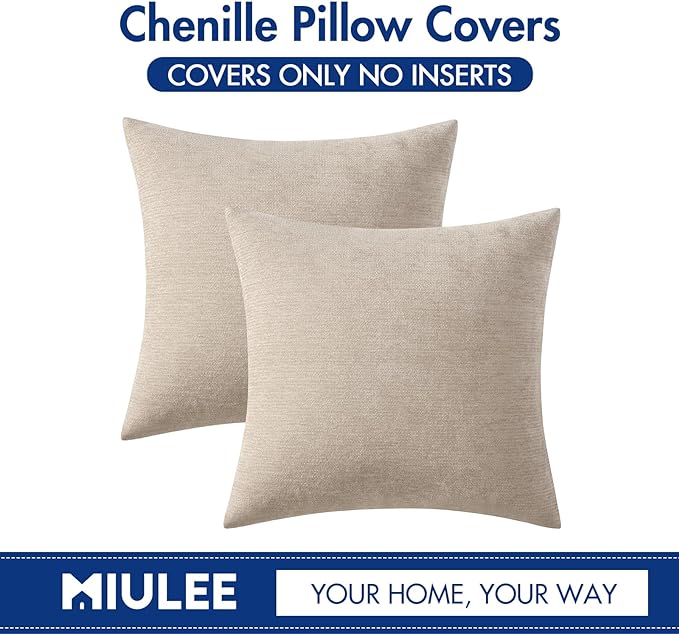 MIULEE Pack of 2 Beige Decorative Pillow Covers 24x24 Inch Soft Chenille Couch Throw Pillows Eruo Sham Farmhouse Cushion Covers for Home Decor Sofa Bedroom Living Room