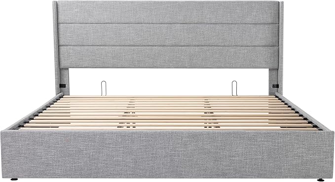 SHA CERLIN King Size Lift Up Storage Bed/Modern Wingback Headboard/Upholstered Platform Bed Frame/Hydraulic Storage/No Box Spring Needed/Wood Slats Support/Light Grey