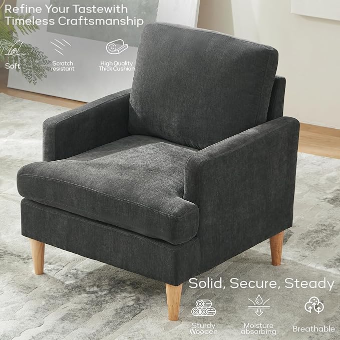 VKNOW Mid-Century Accent Chair, Modern Upholstered Chenille Armchair for Living Room,Comfy Reading Accent Chairs with Wood Legs for Bedroom, Dark Grey