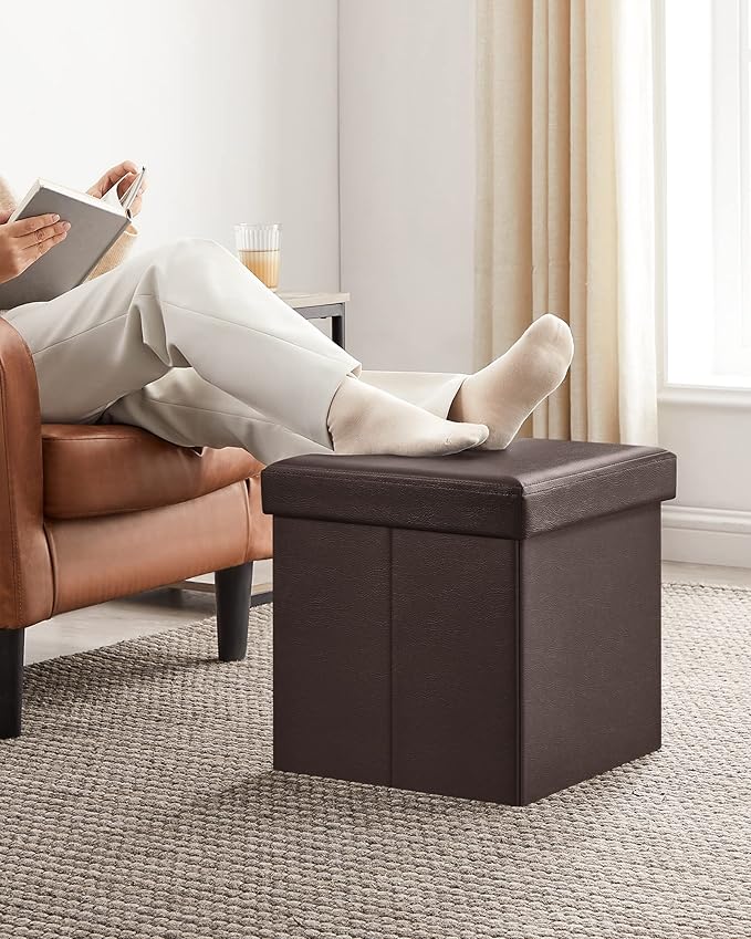 SONGMICS MAZIE Collection - 15 Inches Ottoman with Storage, Footstool, Storage Ottoman, Load 660 lb, for Dorm, Living Room, Bedroom, Synthetic Leather, Brown ULSF10B