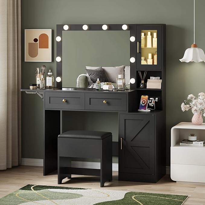 Makeup Vanity Desk with Mirror and Lights, Black Vanity Table with LED Lighted Mirror & Power Outlet, Dressing Table with Chair, Large Storage Drawer & Cabinet, and Foldable Panel for Girls’ Bedroom