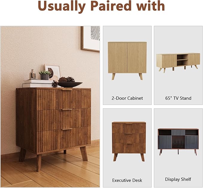 Fluted 3 Drawer Dressers, Modern Closet Dressers Chest of Drawers, Wood Storage Dresser Chest of Drawers Organizer for Bedroom Living Room Hallway Closet, Walnut, 2 Sets