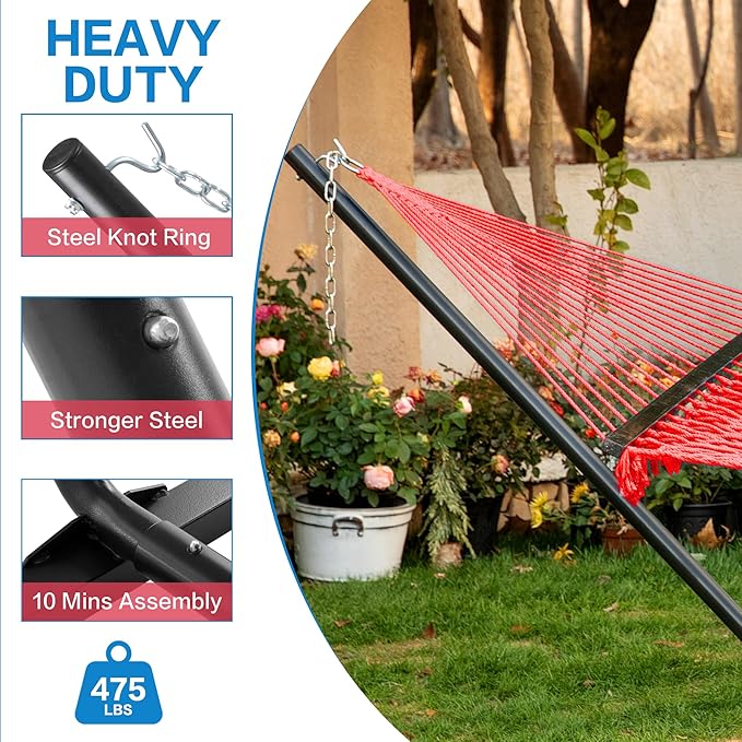 PNAEUT Double Hammock with Stand for Outside, Rope Hammocks with Hardwood Spreader Bar 2 Person, 12ft Heavy Duty Stand, Extra Pillow, Max 475 lbs Capacity (Wine)