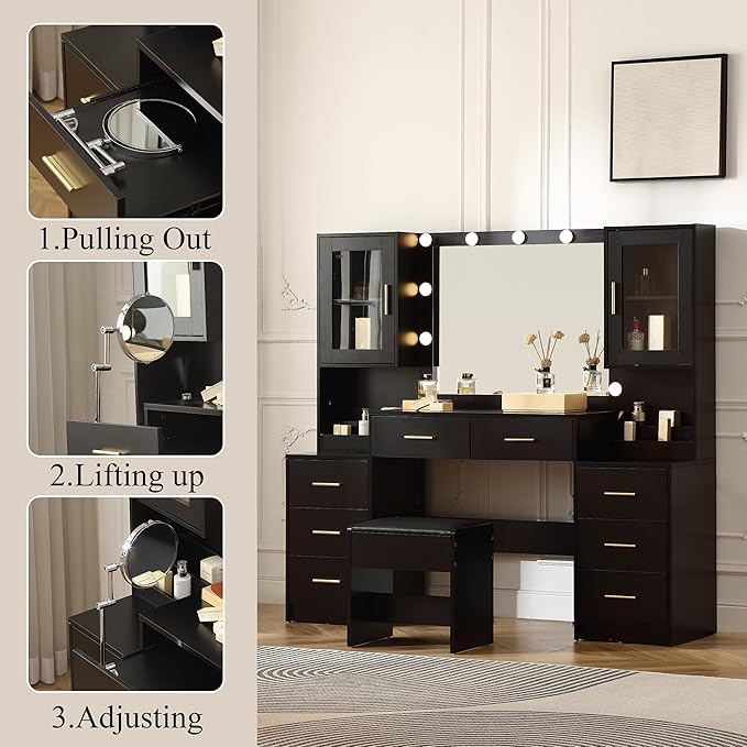 Extra Large Vanity with Folding Up Mirror and Lights,58.3'' Makeup Vanity Desk with Mirror and Lights,Outlet, Chair and Two Makeup Organizers,Dressing Table for Bedroom,Black