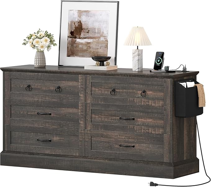 DWVO Farmhouse 6 Drawers Dresser, 59" Wide Wood Rustic Chest of Drawers with Nice Texture, Vintage Design, Storage Dressers Organizer for Living Room, Hallway, Dark Rustic Oak