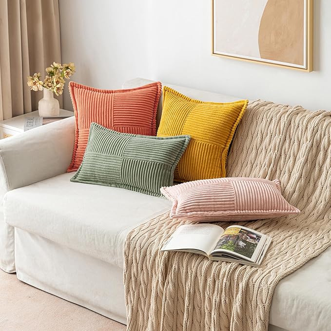 MIULEE Decorative Throw Pillow Covers for Couch Bed Livingroom 20x20 Inch Set of 2 Light Olive Green Boho Accent Throw Pllows Broadside Striped Patchwork Soft Corduroy Summer Pillowcases