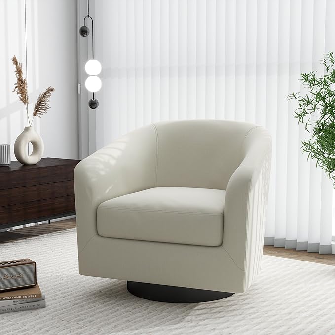 Swivel Barrel Accent Chair, Modern Round Linen Arm Chair for Living Room, Bedroom, Comfy Club Reading Chairs for Adults(Linen Fabric, Beige, Set of 4