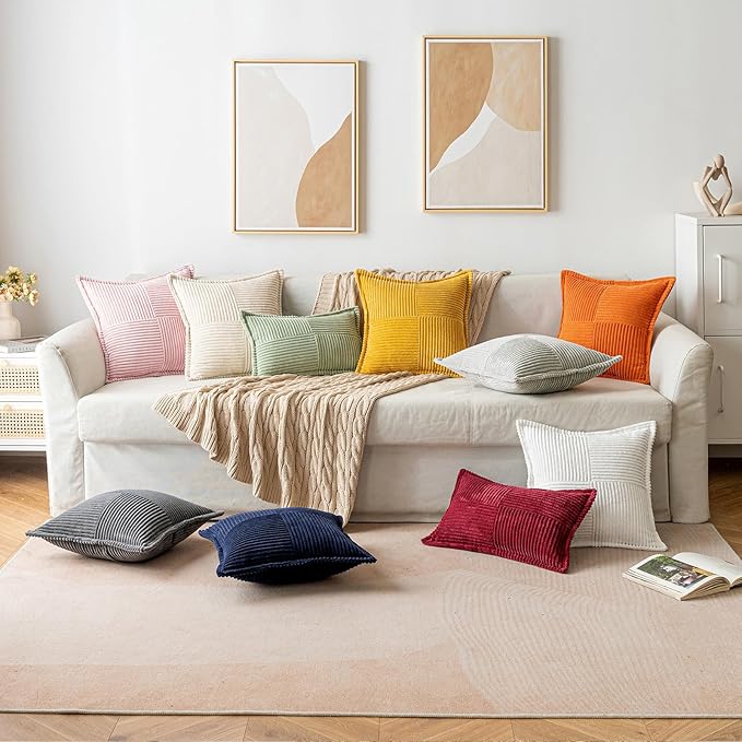 MIULEE Decorative Throw Pillow Covers for Couch Bed Livingroom 20x20 Inch Set of 2 Pink Boho Accent Throw Pllows Broadside Striped Patchwork Soft Corduroy Pillowcases