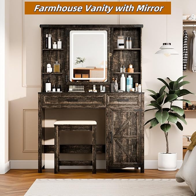 Makeup Vanity, Farmhouse Vanity with Mirror & Generous Clear Glass Countertop, 40'' Intelligent Makeup Desk with Multi-Functional Charging Station & Human Body Sensing LED Lights, Brown