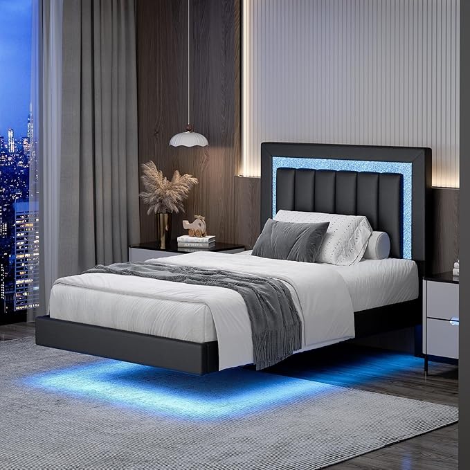 HOMBCK Floating Bed Frame Twin with Smart LED Lights, Faux Leather Upholstered Platform Bed with Diamond Headboard, No Box Spring Needed, Noise Free, Easy Assembly, Black