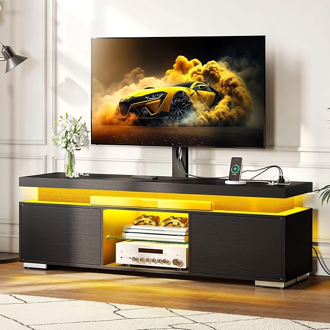 YITAHOME Black TV Stand for Living Room with Height Adjustable Mount, Modern TV Stand for 70/65 Inch TV, LED Entertainment Center with Storage, Media Console Cabinet, Black