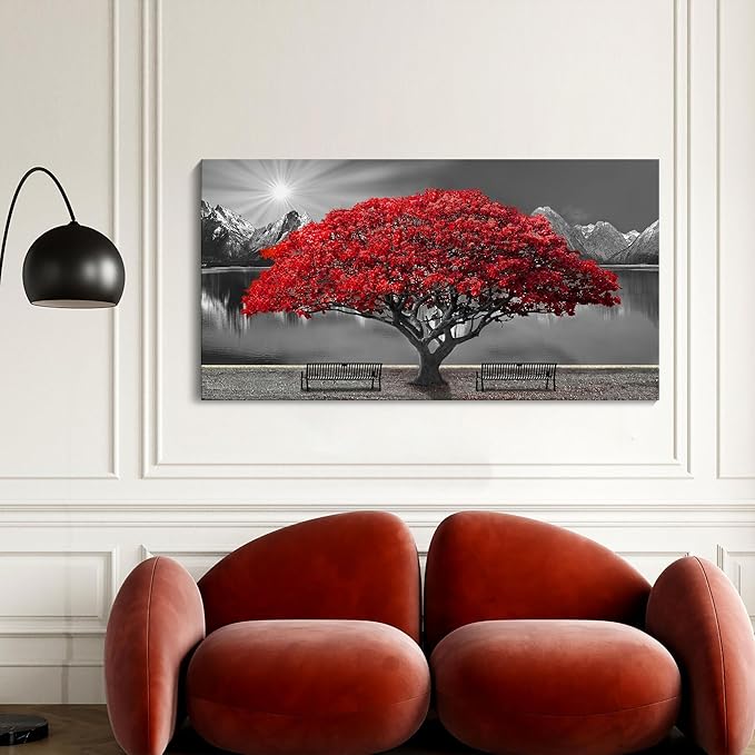 Black and White Red Tree Wall Art Canvas Print Picture Large Red Tree Landscape Modern Artwork for Living Room Bedroom Office Home Wall Decoration Decor With Frame 20x40in
