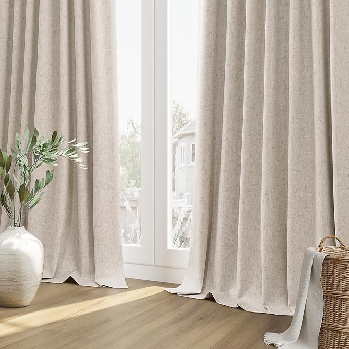 Guken Oatmeal Linen Blackout Curtains 63 Inch Length 2 Panels Set for Living Room Bedroom Back Tab Thermal Insulated 100% Black Out Linen Drapes Room Darkening Window Curtains 63 Inches Long