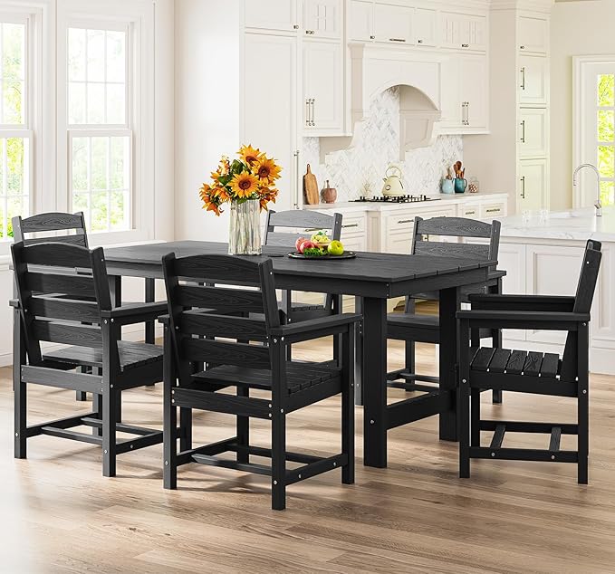 SERWALL 7-Piece Patio Dining Table Sets, Outdoor HDPE Dining Furniture Set with Umbrella Hole Cut-Out Table and 6 Chairs, Black