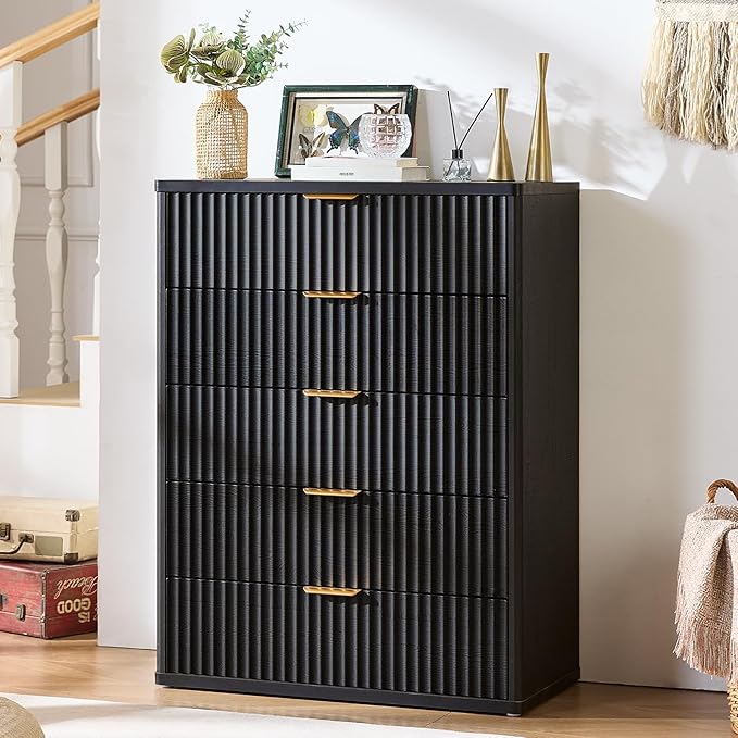 LEYAOYAO Fluted 5 Drawers Dresser for Bedroom, 41" Tall Modern Chest of Drawers with Metal Handle, Curved Profile Design,Black Wood Drawer Organizer for Bedroom, Living Room, Hallway, Entryway