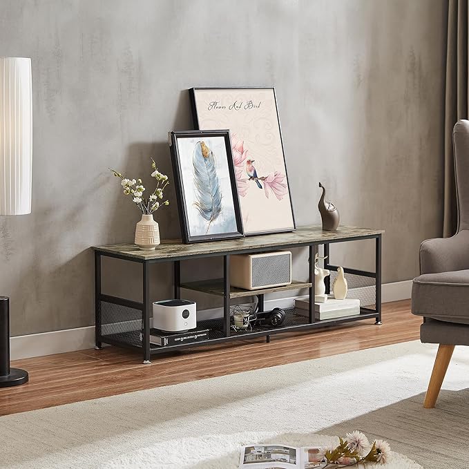 VECELO TV Stand with Power Outlets for Televisions up to 65Inch, 55" Media Entertainment Center with Charging Station 3-Tier Open Storage Shelves with Metal Frame for Living Room/Bedroom,Grey