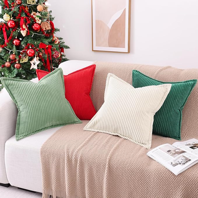 Mecatny Corduroy Throw Pillow Covers 12x20 Set of 2, Neutral Decorative Soft Boho Lumbar Couch Pillow Covers with Broadside for Sofa Living Room, Green
