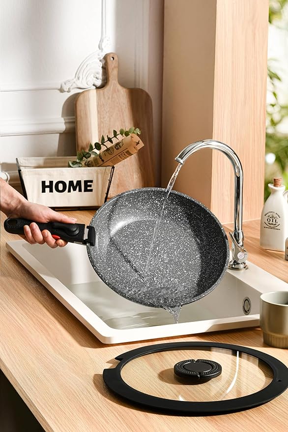 7pcs Pots and Pans Set Non Stick from France, Ceramic Cookware Set with Removable Handle, Induction RV Kitchen Cookware Set, Stackable, PFOA and PFAS Free, Oven Safe, Black Granite