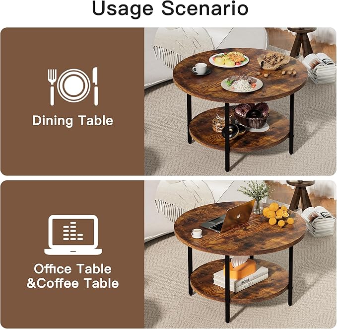 Coffee Table, 2 Tier Coffee Tables for Living Room, Round Coffee Table with Storage, Floor Table for Bedroom, Home Office, Rustic Brown (27.6" D x 17.7" H)