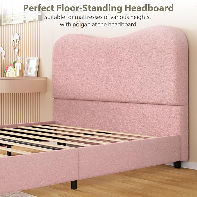 GarveeHome Velvet Queen Bed Frame with Headboard, Upholstered Low Profile Platform Bed, No Box Spring Needed, Strong Wooden Slats, Noise Free, Easy Assembly, Pink
