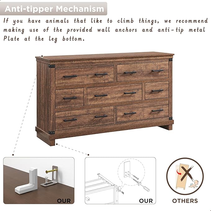 Farmhouse 7 Drawers Dresser for Bedroom, Large Chest of Drawers with Thick Plank Styling, Wood Closet Dresser for Bedroom or Living Room, Reclaimed Barnwood Color