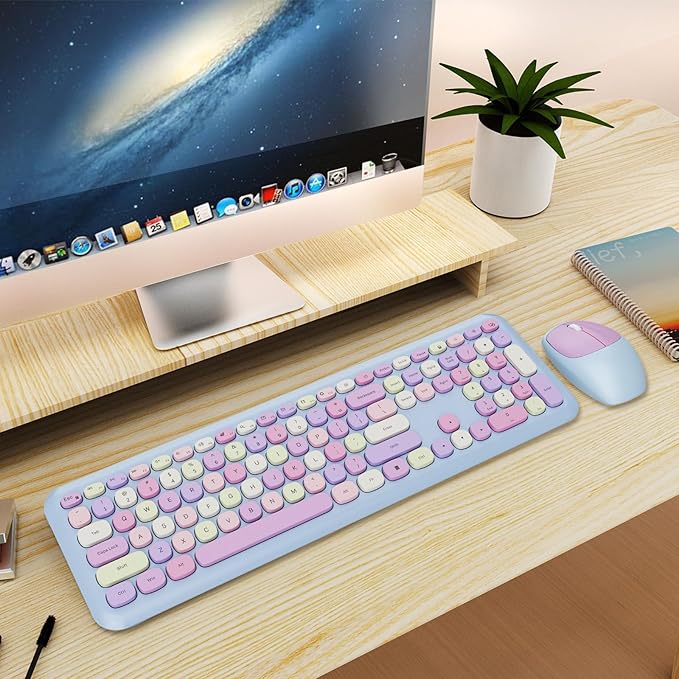 Wireless Keyboard and Mouse Combo, Colorful Ergonomic Full Size Retro Low-Noise Keyboard with Cute keycaps, Compatible with Windows, PC, Perfer for Home and Office Keyboards (Purple)