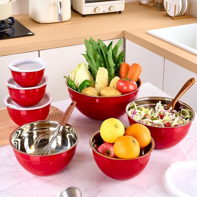 Red Mixing Bowls with Lids Set of 7, Stainless Steel Nesting Bowl with Khaki Lid for Non-slip Mixing Prepping Storing Serving, 7 Sizes-7/3.6/2.7/2.1/1.5/1/0.8 QT