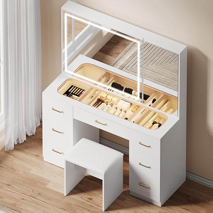 Glass Top Makeup Vanity Desk with Large Mirror and LED Lights,Vanity Stool&Storage Bench,White Vanity with Hidden Storage Mirror Cabinet&7 Drawers,Makeup Organizer Countertop for Room