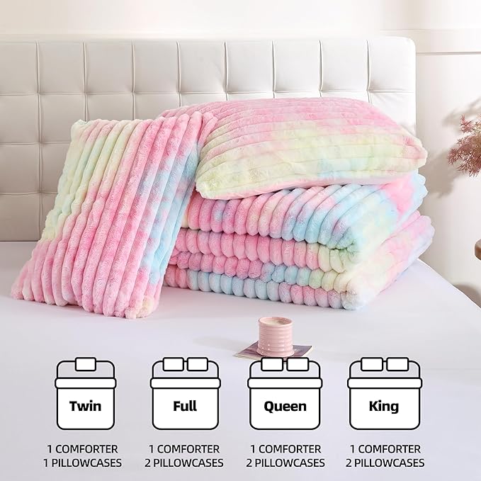 Smoofy Fluffy King Size Comforter Set 3 Pieces - Rainbow Fleece Fluffy Comforter Set, Luxury Fuzzy King Bedding Set, Soft King Bed Set All Season, Heavy Faux Fur Comforter with 2 Pillow Cases