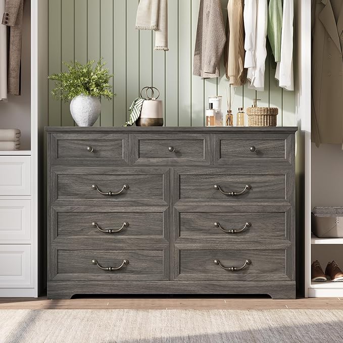 DICTAC Farmhouse 9 Drawers Dresser for Bedroom, Wide Dressers Chest of Drawers, Large Storage Closet Organizer with Natural Texture and Vintage Metal Handle, Wooden Dresser TV Stand for Living Room